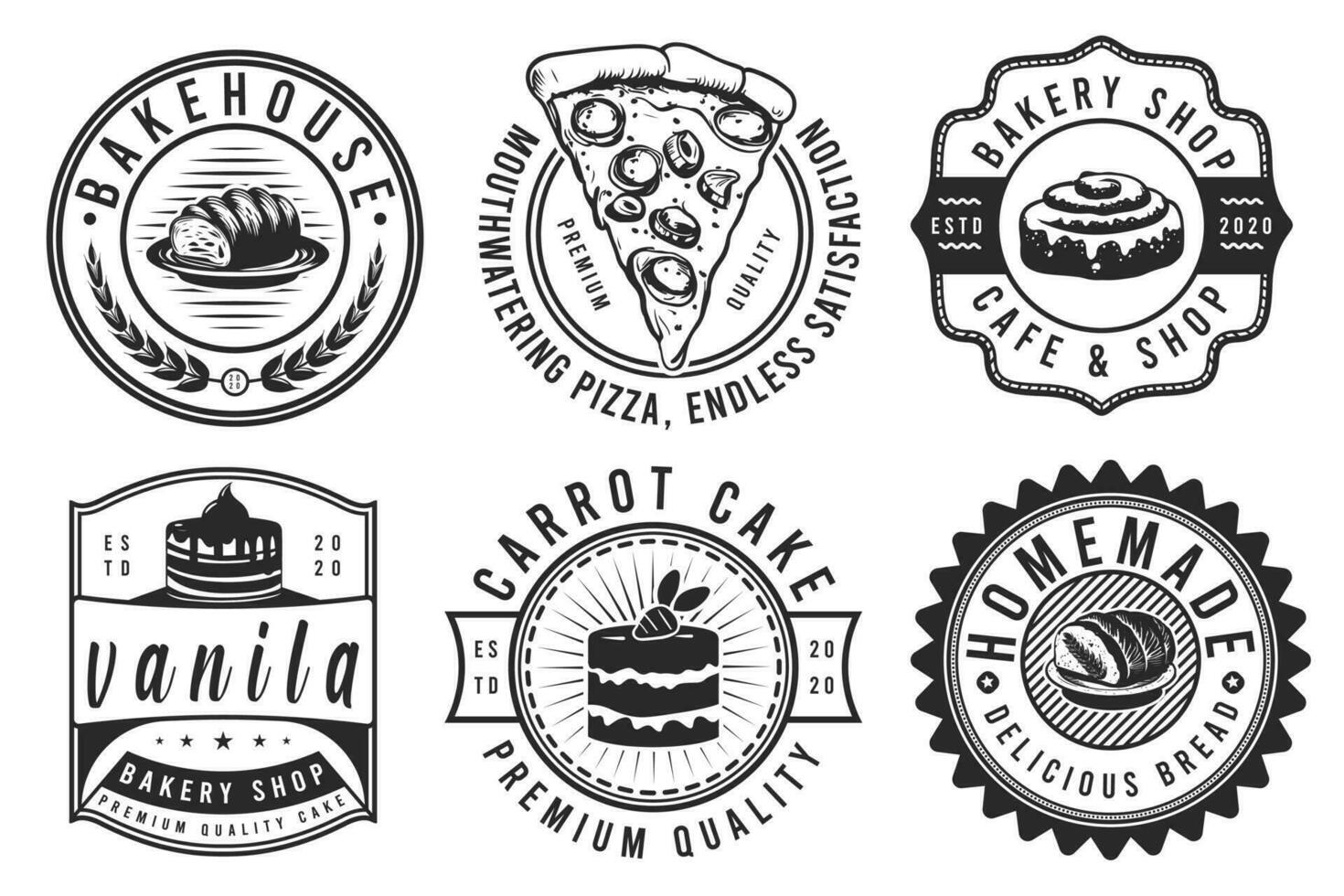 un colección de panadería logo plantillas, panadería tienda emblema colocar. dulce panadería Insignia etiqueta y logo vector