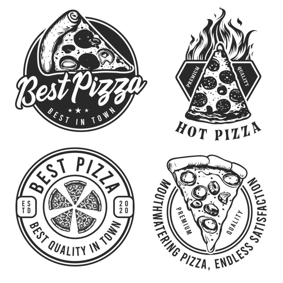 Set of Pizza and pizzeria vector emblems, badges, labels, and logos in vintage monochrome style isolated on white background