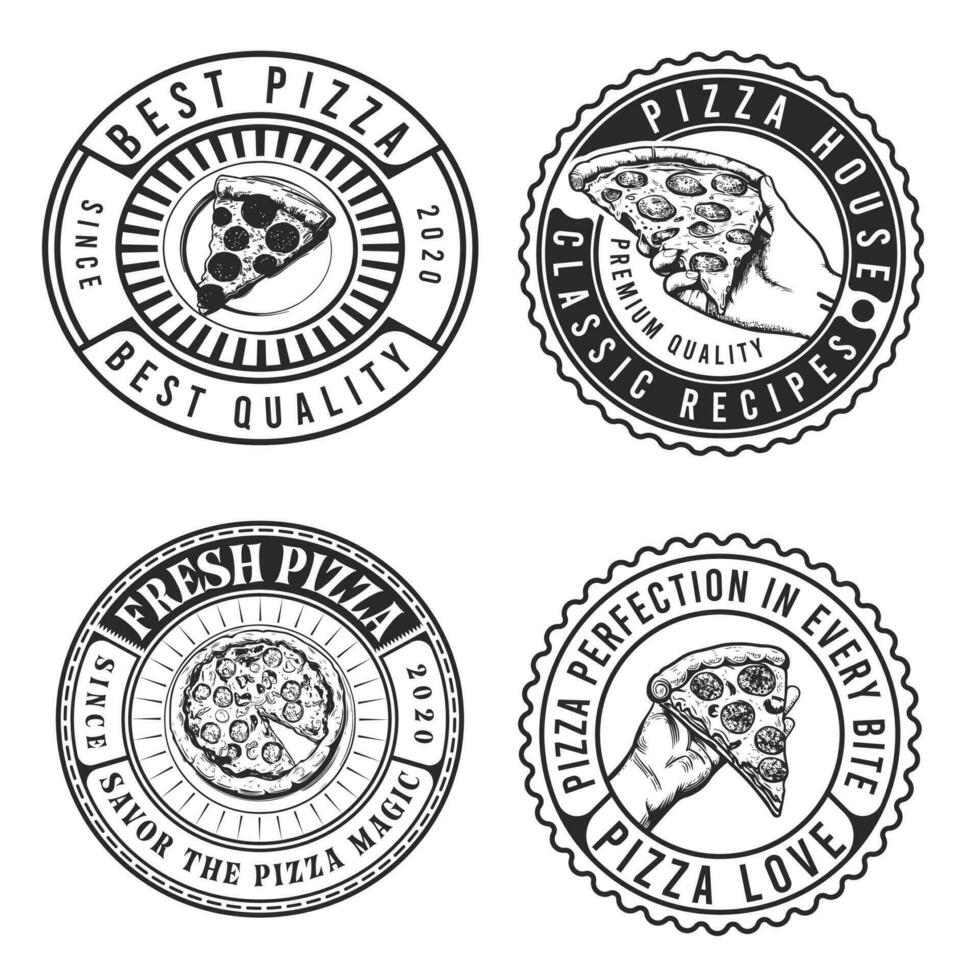 Set of best pizza labels and badges in vintage style. logo, icons, emblems, and design elements for pizzeria restaurants' minimalist vector