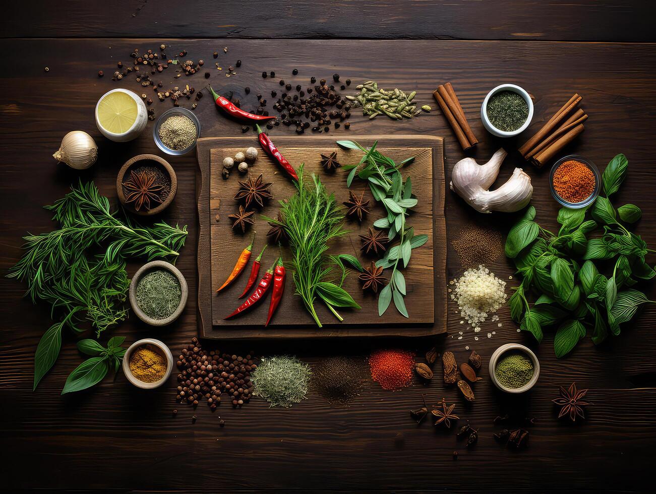 Selection of fresh herbs and spices on a wooden table - top view photo