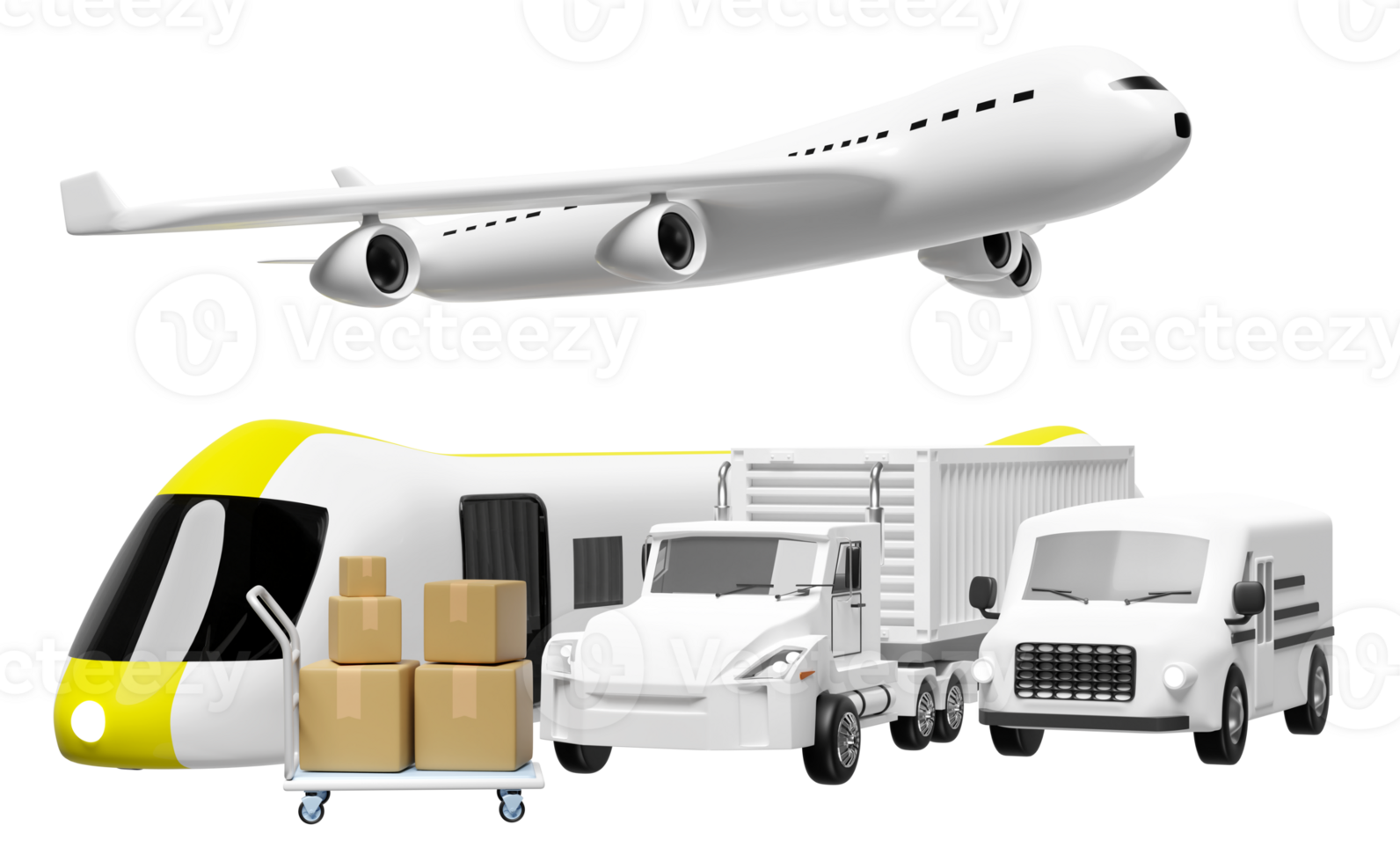 land transport concept, 3d worldwide shipping with truck delivery van, plane, sky train transport isolated. service, transportation, air cargo trucking, railway shipping, 3d render png