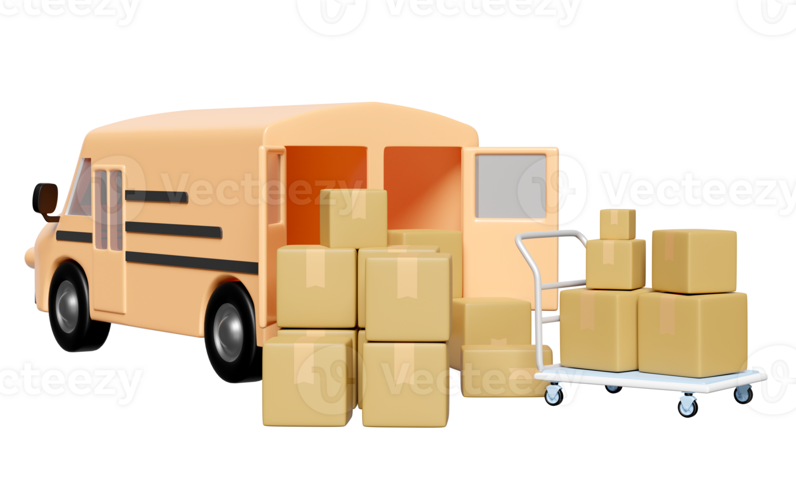 3d orange truck, delivery van with packaging, goods cardboard box, platform trolley isolated. service, transportation, shipping concept, 3d render illustration png