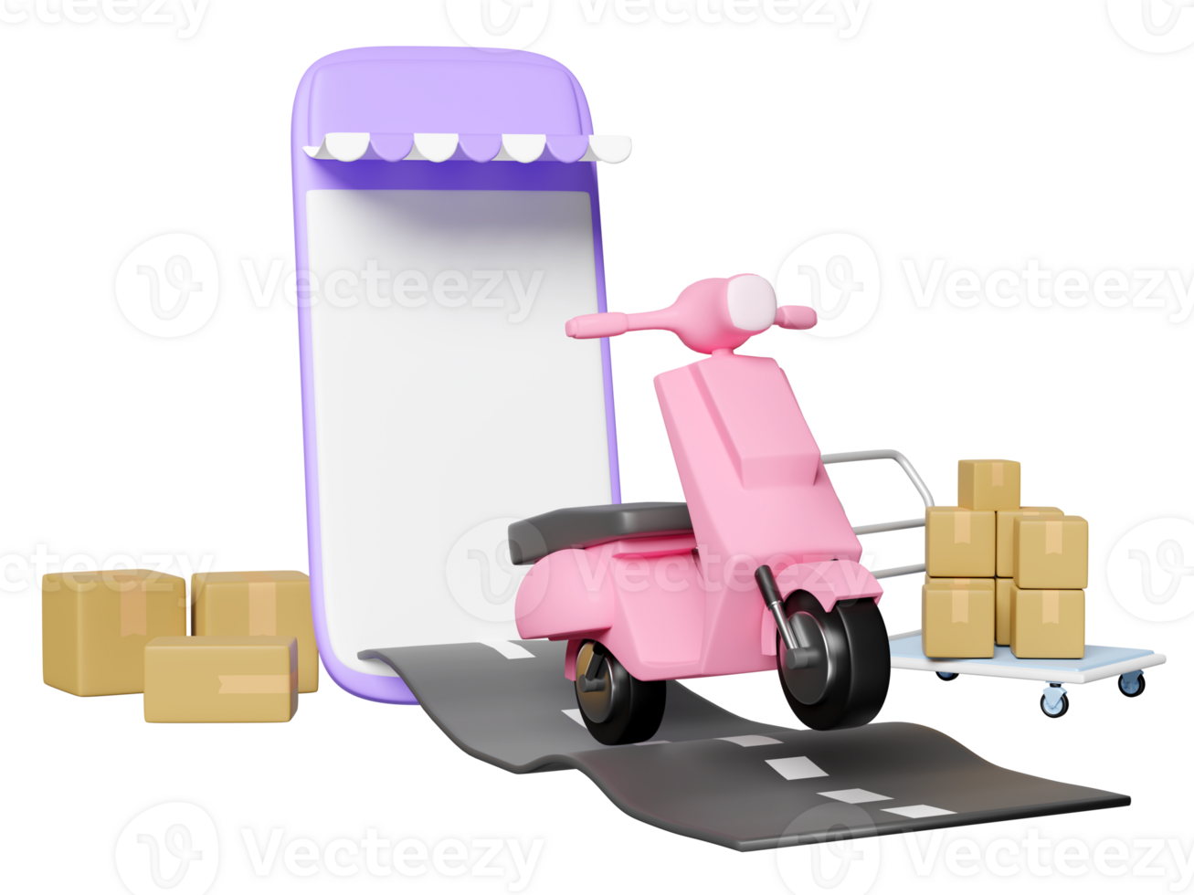 3d scooter on street with goods cardboard box, mobile phone, smartphone, platform trolley isolated. fast delivery concept, 3d render illustration png