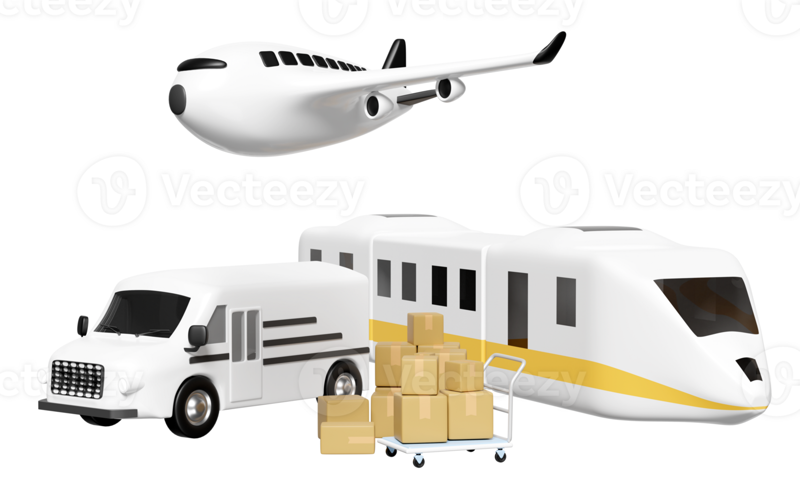 3d worldwide shipping with delivery van, plane, sky train transport isolated. service, transportation, air cargo trucking, railway shipping, land transport concept, 3d render png