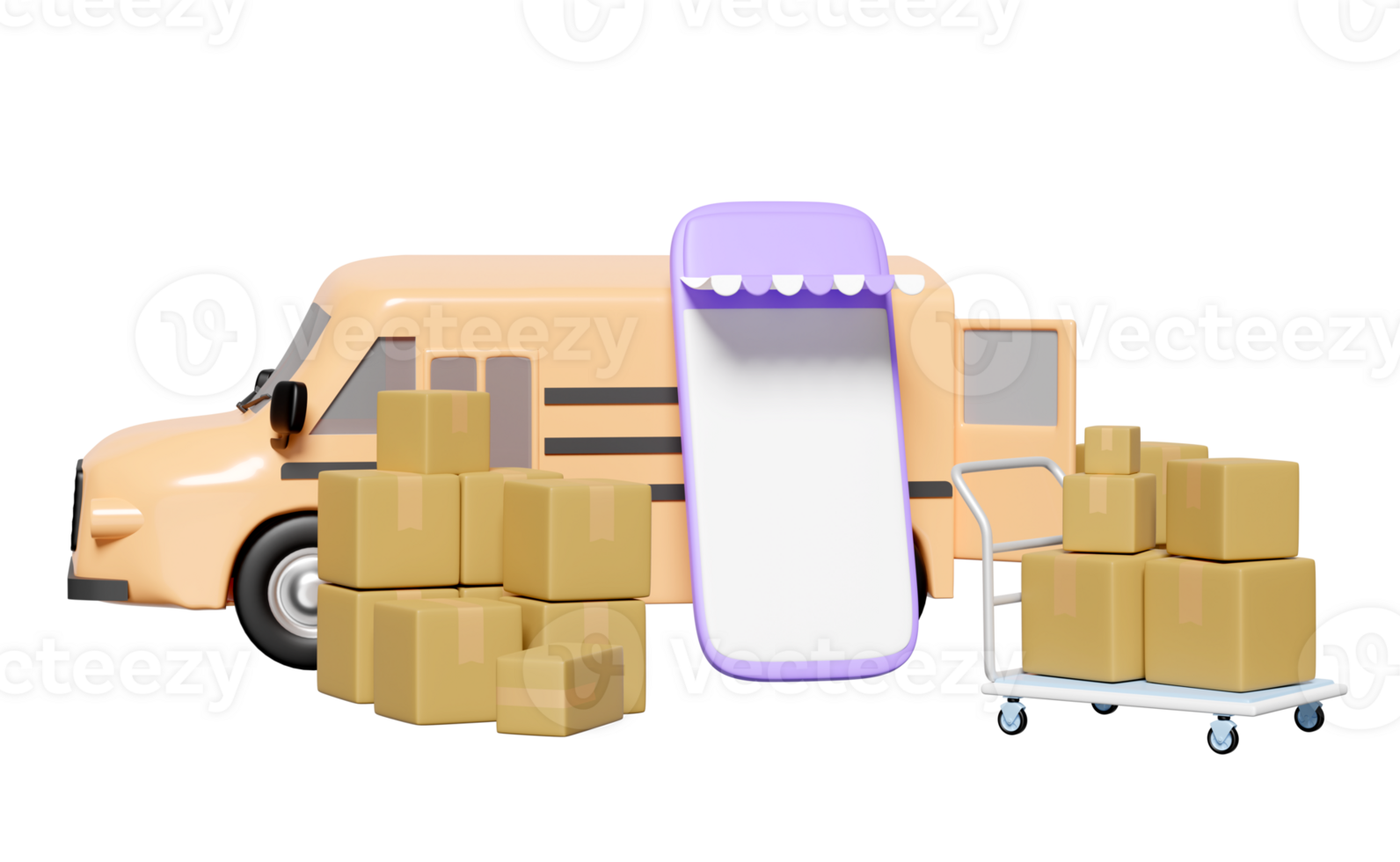 3d orange truck, delivery van with mobile phone, packaging, goods cardboard box, platform trolley isolated. service, transportation, shipping concept, 3d render illustration png