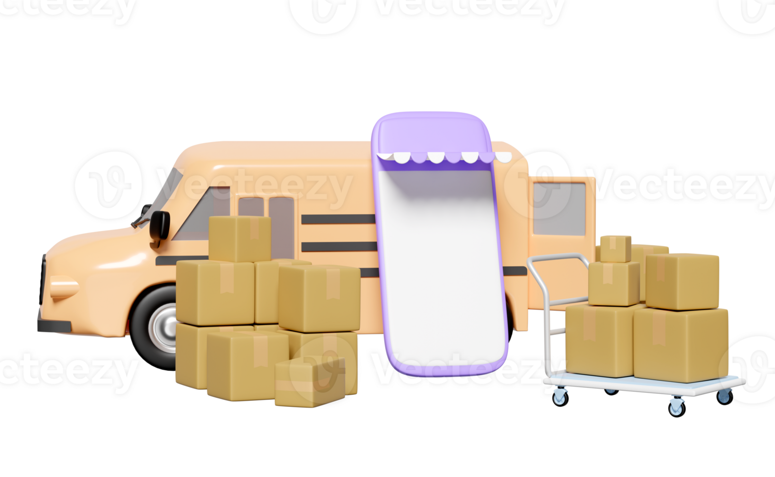 3d Orange LKW, Lieferung van mit Handy, Mobiltelefon Telefon, Verpackung, Waren Karton Kasten, Plattform Wagen isoliert. Service, Transport, Versand Konzept, 3d machen Illustration png