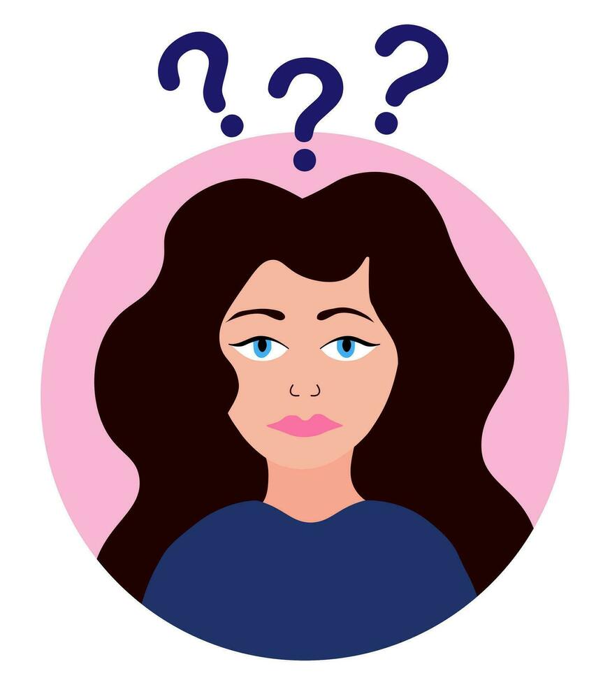 Woman confused. Mental health priority. Girl with mental problems. Worried, hyperactivity concept. ADHD. Flat vector illustration.