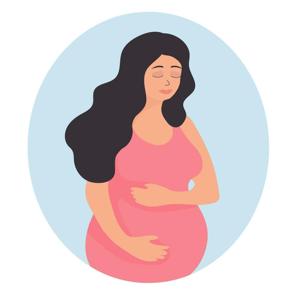 Pregnant woman holds her belly. Future mom. Design for poster, banner, logo, card. Vector illustration.