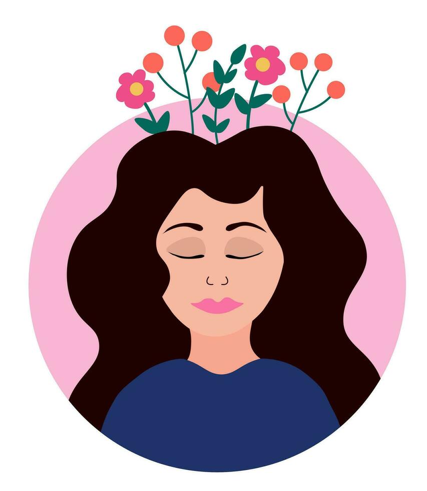 Girl with flowers in her head. Psychology and self-confidence. Mental health priority. Inner peace. Flat vector illustration.
