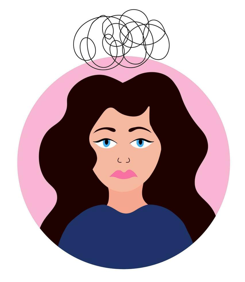 Woman with confused feelings. Mental health priority. Girl with mental problems. Stress, depression concept. Anxiety. Flat vector illustration.