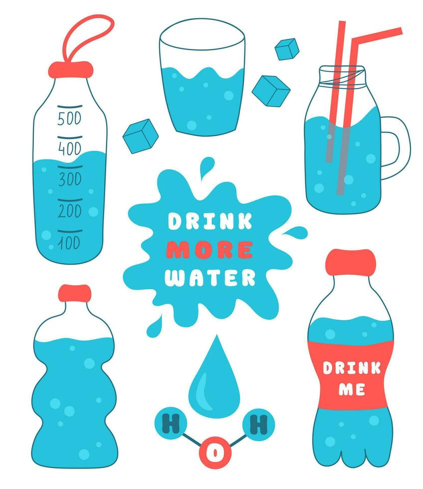 Drink more water. H2O set. Sport bottles, glasses collection. Vector flat illustration.