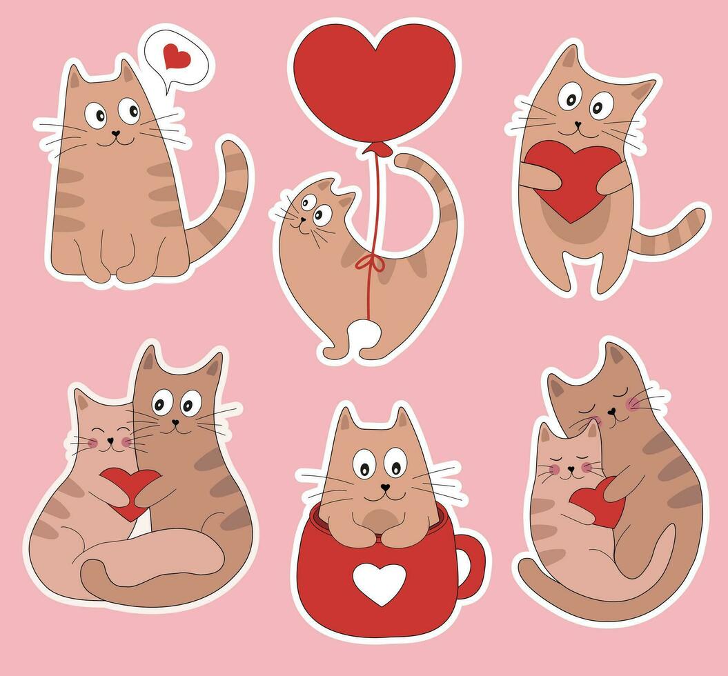 Set of sticker pack with cats Valentine's Day. Couple of cute cat in love. Cat with heart, kitten in cup, cats love, flying cat on balloon. Vector illustration