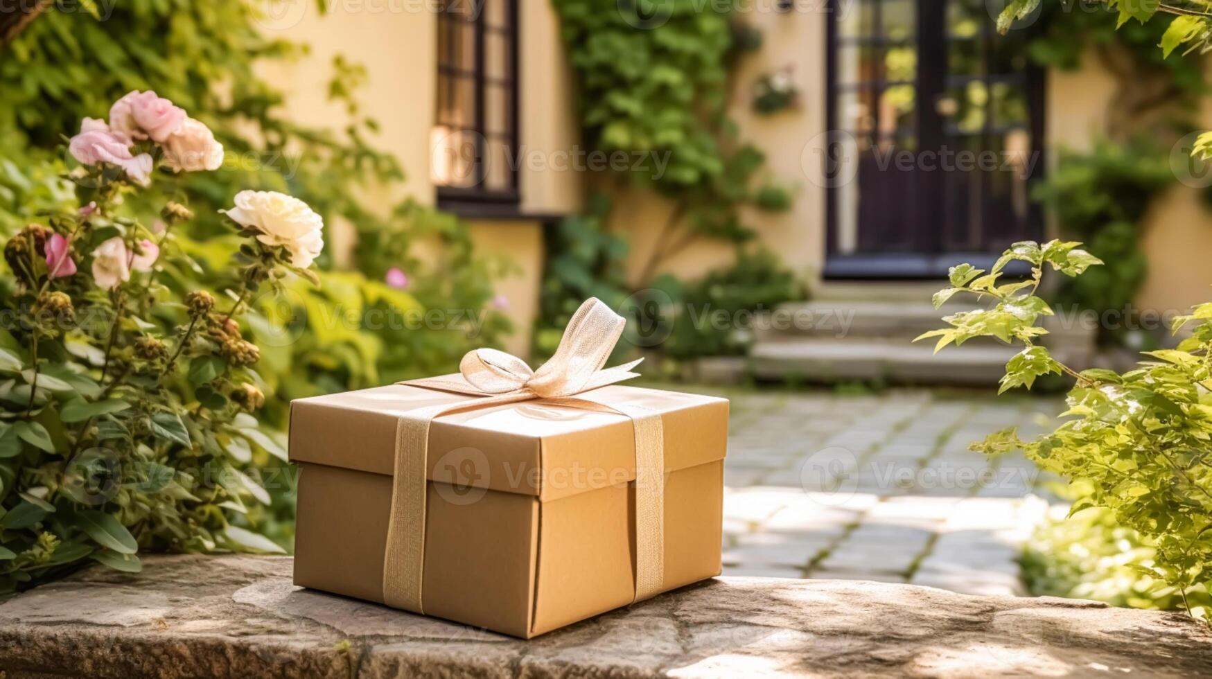 Elegant gift shop delivery, postal service and luxury online shopping, parcel box with a bow on a house doorstep in the countryside, photo