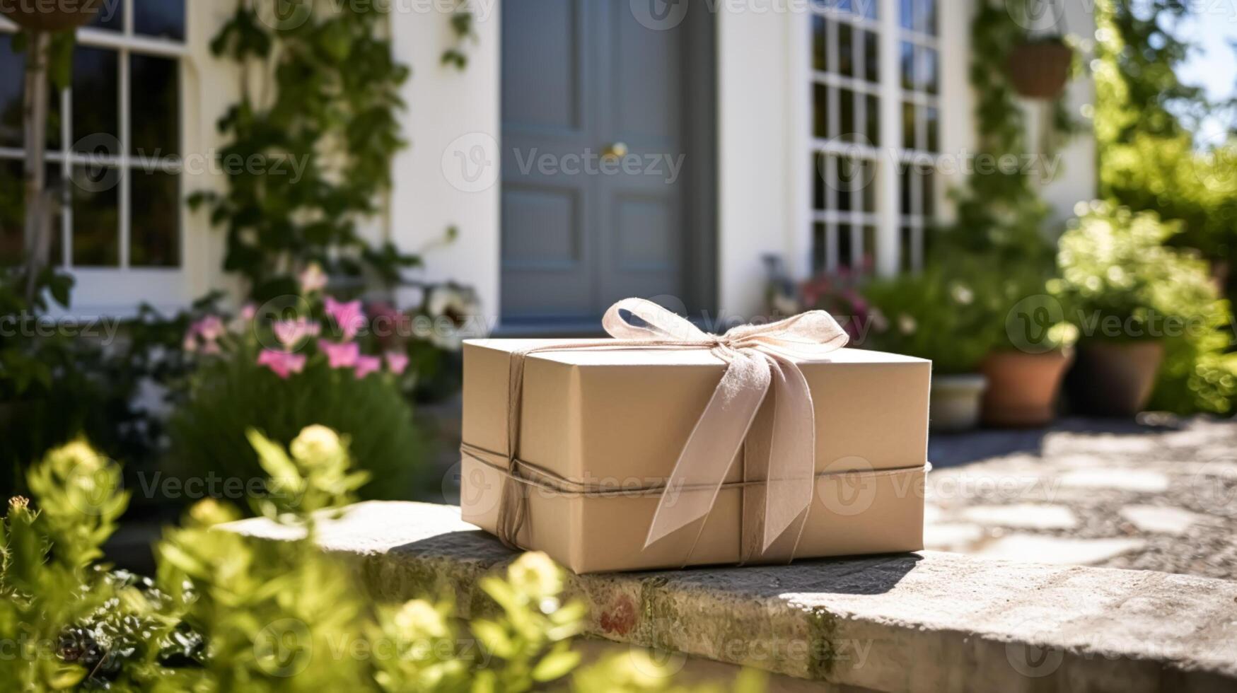 Elegant gift shop delivery, postal service and luxury online shopping, parcel box with a bow on a house doorstep in the countryside, photo