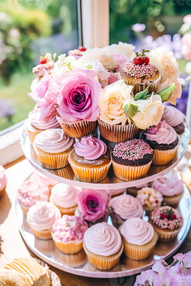 pastelitos, pasteles, bollos y magdalenas y fiesta decoración al aire libre a el Inglés país estilo jardín, dulce postres para boda, cumpleaños o fiesta celebracion, generativo ai foto