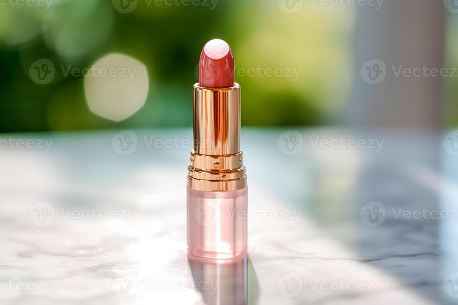 Luxurious pink lipstick in golden tube on marble, beauty cosmetic and luxury make-up product, photo