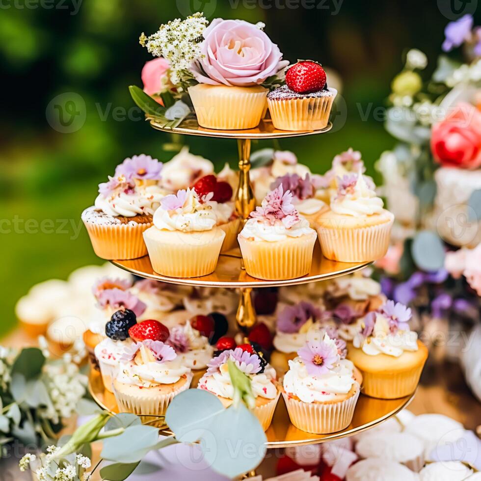 pastelitos, pasteles, bollos y magdalenas y fiesta decoración al aire libre a el Inglés país estilo jardín, dulce postres para boda, cumpleaños o fiesta celebracion, generativo ai foto