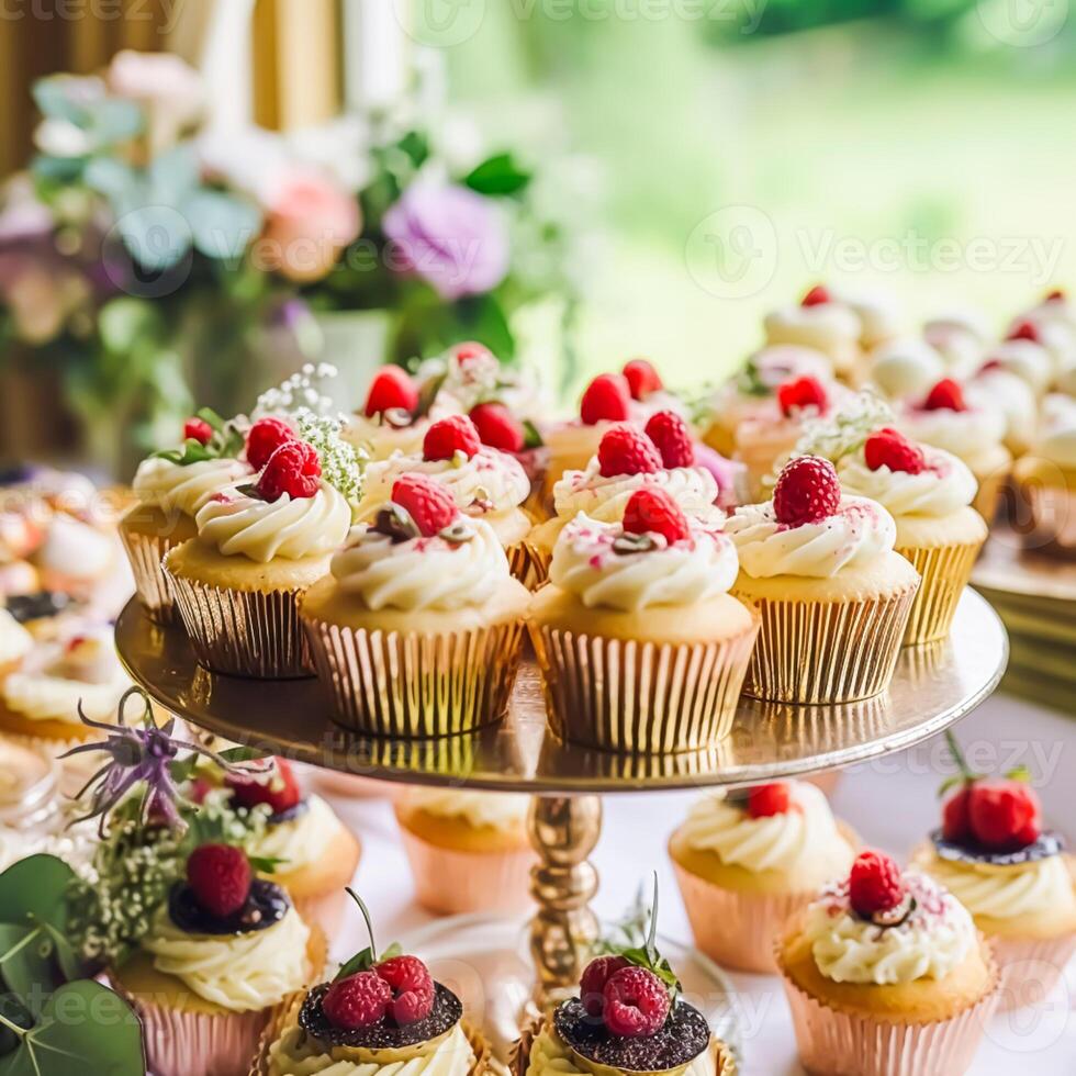 Cupcakes, cakes, scones and muffins and holiday decoration outdoors at the English country style garden, sweet desserts for wedding, birthday or party celebration, photo