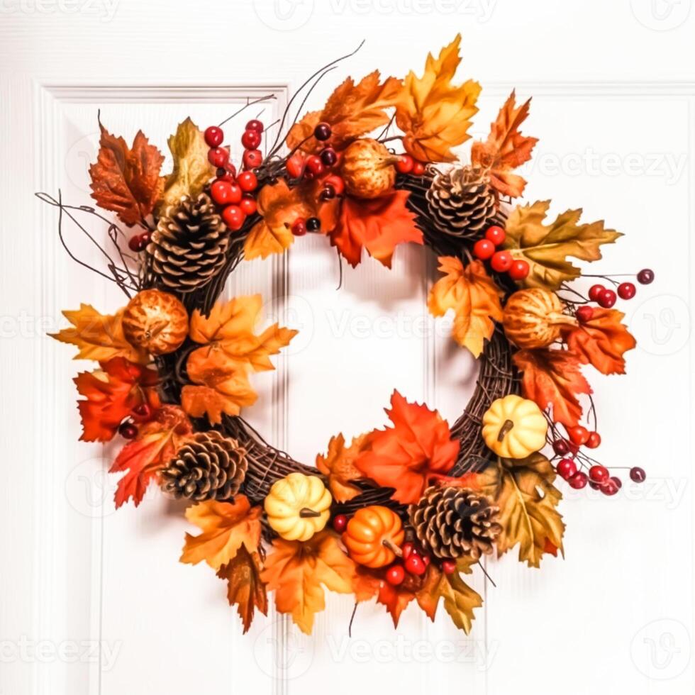 Autumn wreath as decoration on white door, welcoming autumn holiday season with autumnal decorations, photo