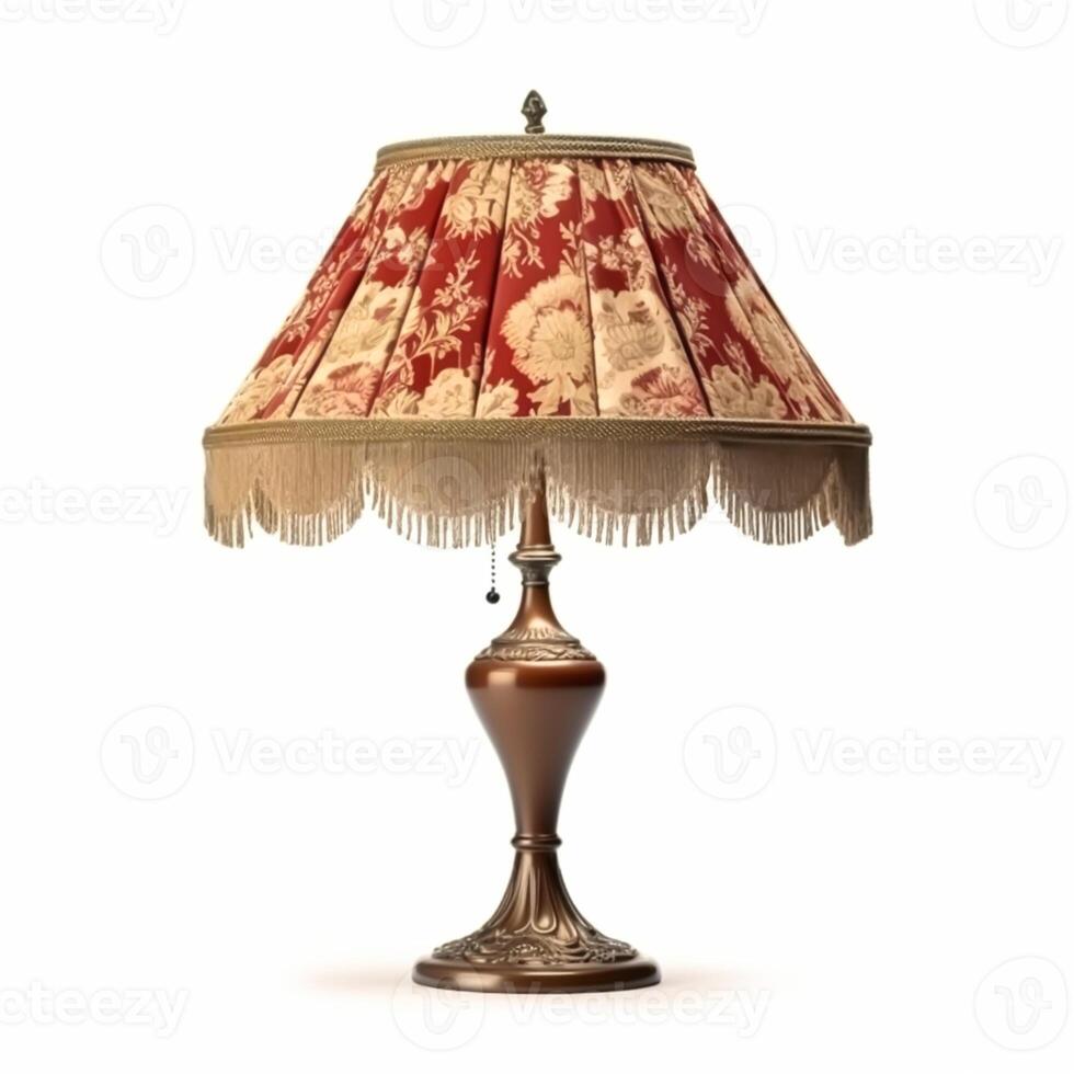 Vintage country style antique table lamp with a beautiful lampshade design isolated on white background, interior design and cottage home decor, post-processed, photo