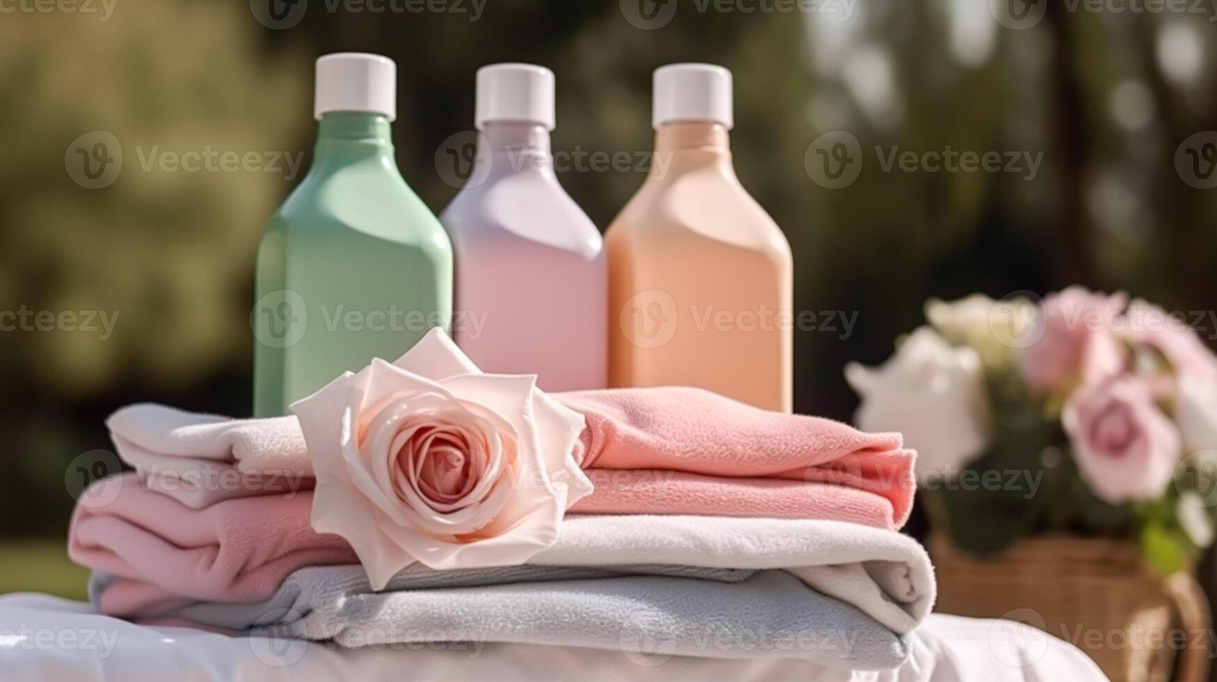 Laundry, housekeeping and homemaking, clean folded clothes and detergent conditioner bottles in the garden, country cottage style, photo