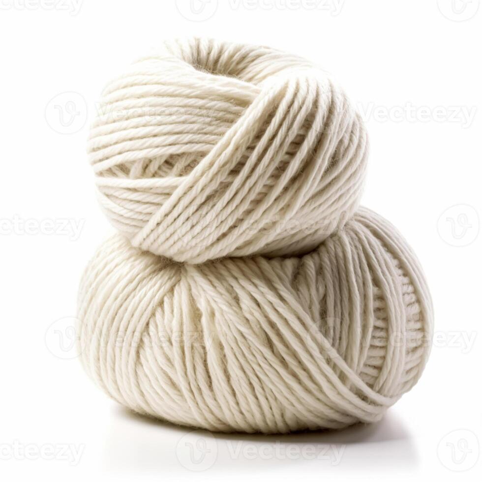 Yarn balls for knitting and crochet isolated on white background, cotton wool clews and skeins as natural organic material for knitwear, diy handmade fashion, photo