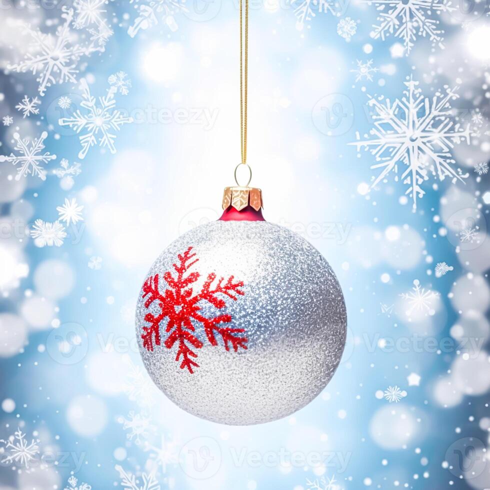 Christmas bauble on a snowy winter background, Merry Christmas and Happy Holidays wishes, photo