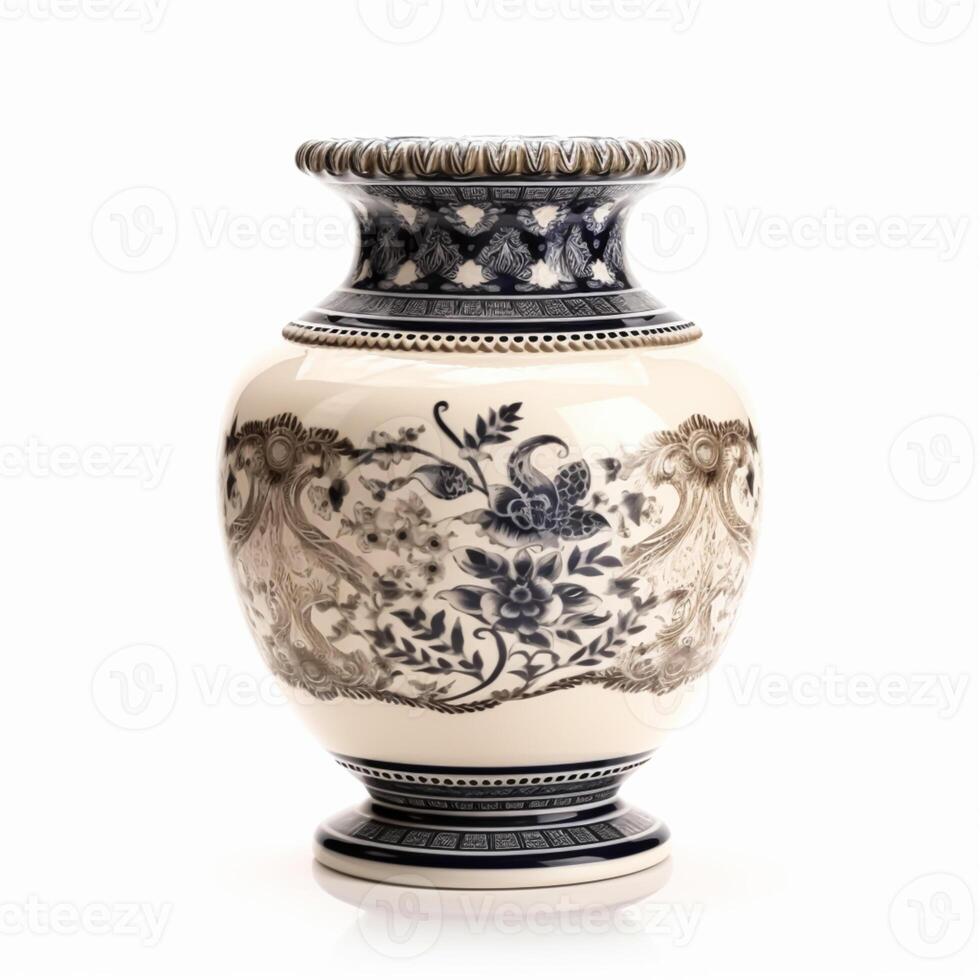 Antique vintage ceramic vase with floral print isolated on white background, country style home decor and interior design, photo