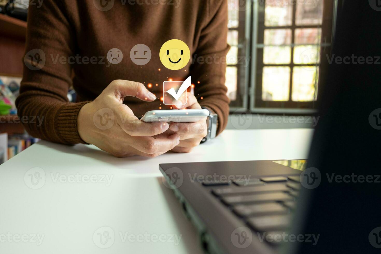 Concept of customer's satisfaction and service, businesswoman to express their opinions, answers and satisfied scores. photo