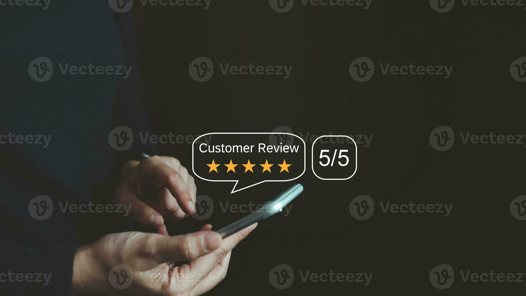 Satisfied customer experience concept, happy business customer using smartphone, the best review, High quality service, Most rated, the highest score, 5 stars, Social media very good. photo