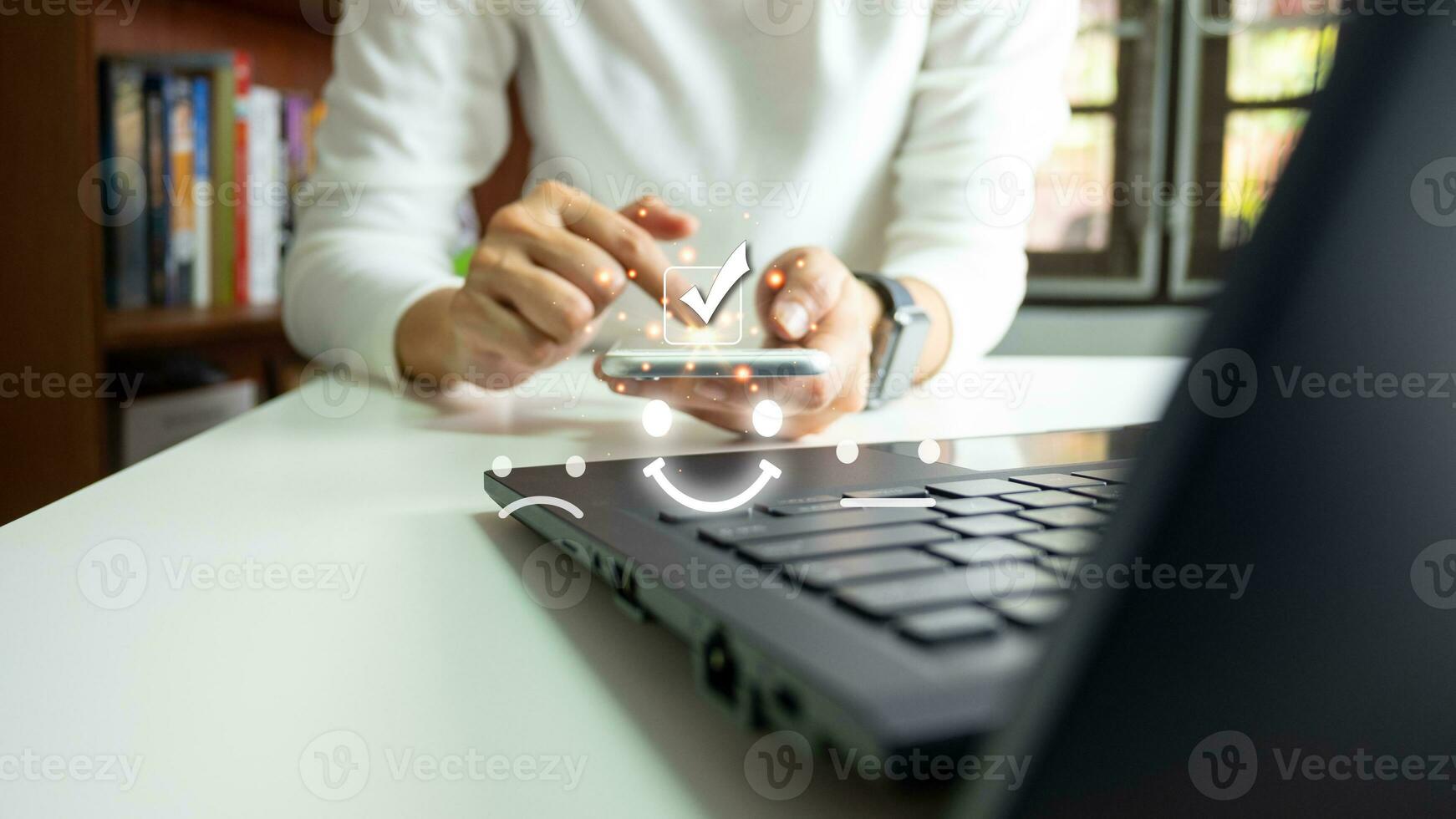 Concept of customer's satisfaction and service, businesswoman to express their opinions, answers and satisfied scores. photo