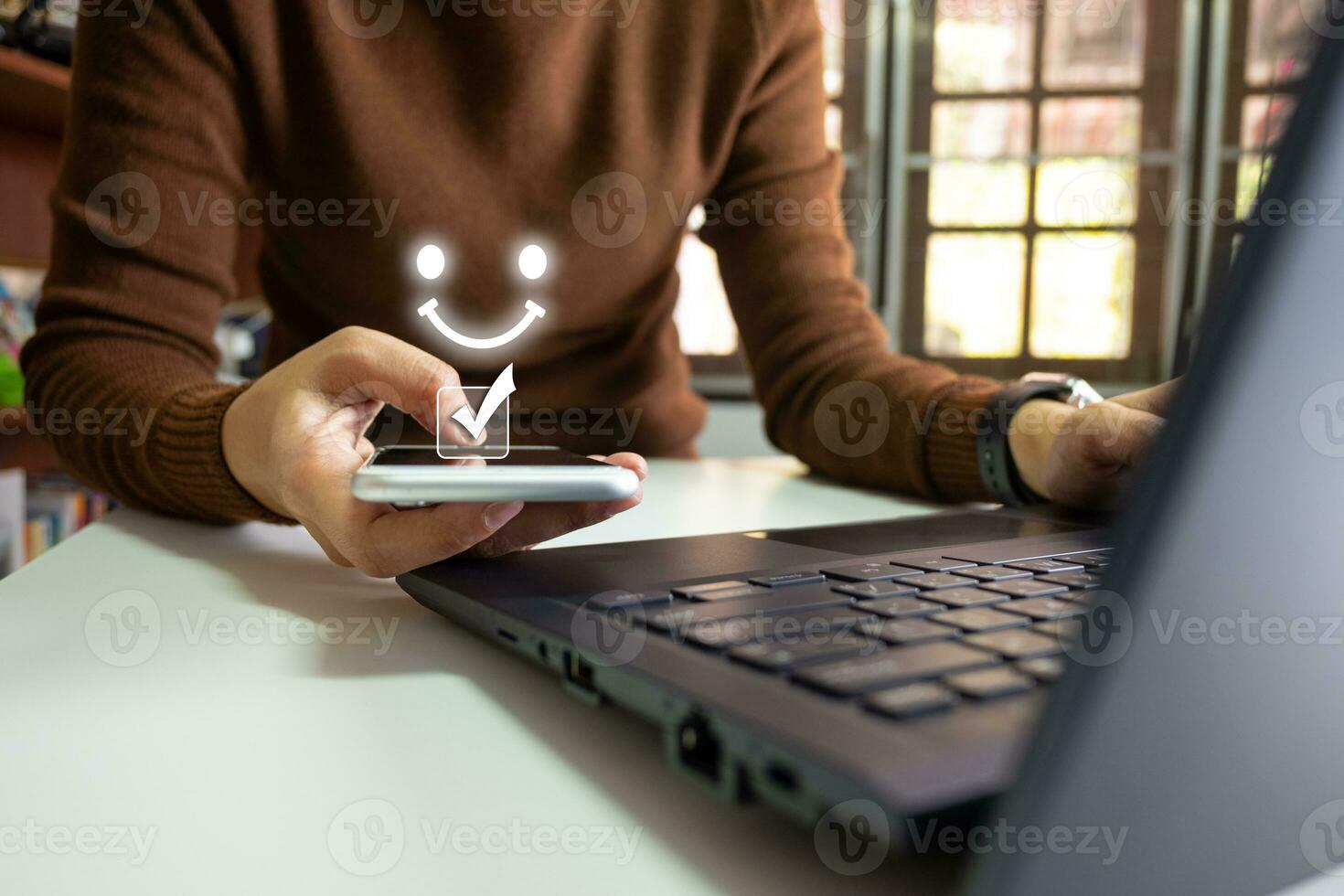 Concept of customer's satisfaction and service, businesswoman to express their opinions, answers and satisfied scores. photo