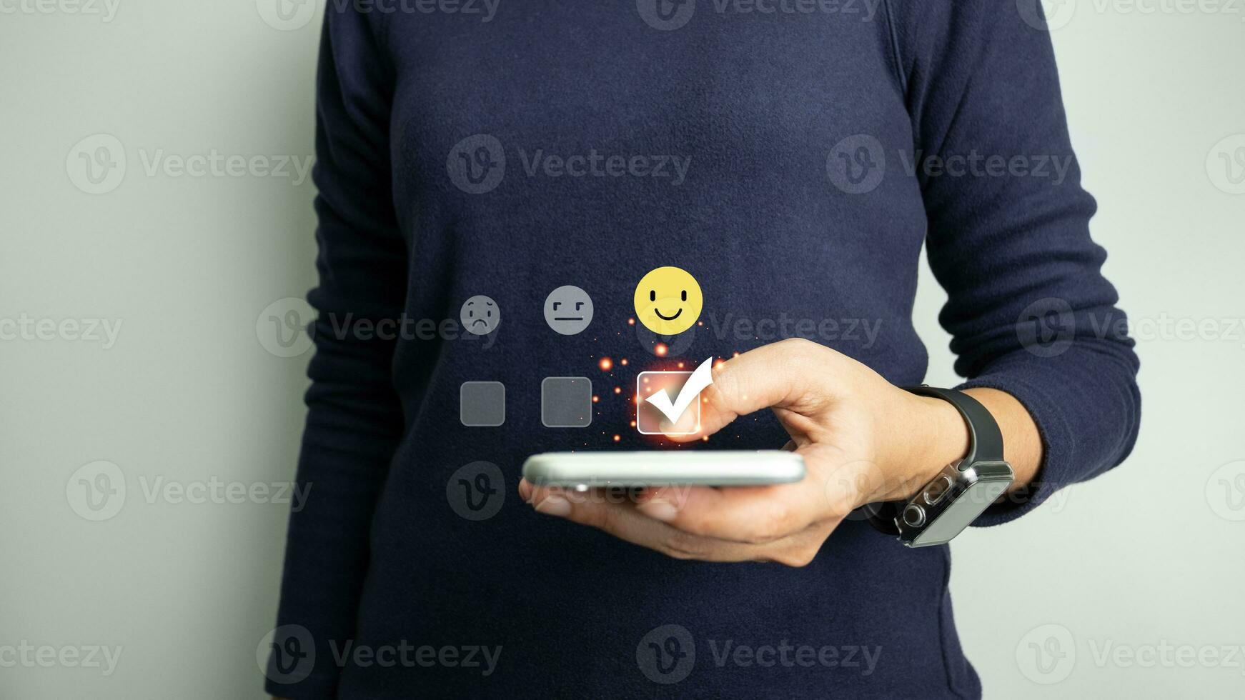 Concept of customer's satisfaction and service, businesswoman to express their opinions, answers and satisfied scores. photo