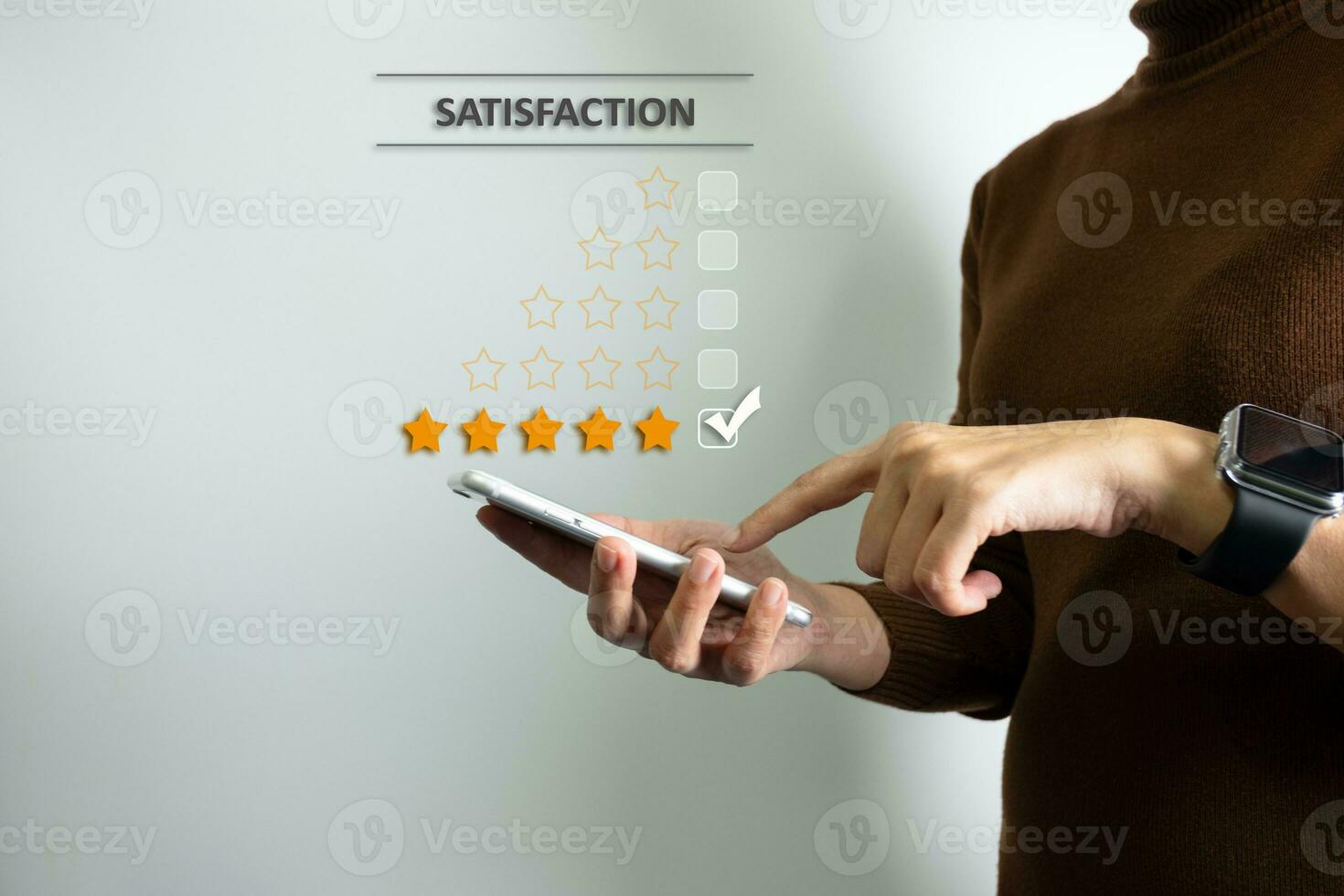 Satisfied customer experience concept, happy business customer using smartphone, the best review, High quality service, Most rated, the highest score, 5 stars, Social media very good. photo