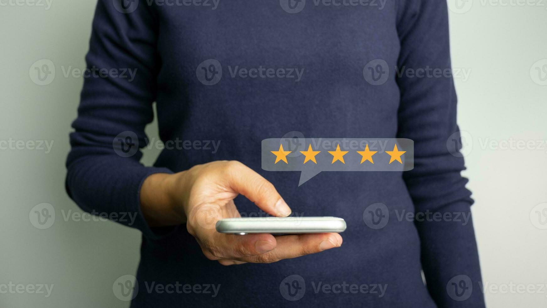 Businesswoman rate satisfaction 5 stars, Excellent quality assurance, certification the best service, guarantee standard company service. ISO certification, satisfaction of customer photo