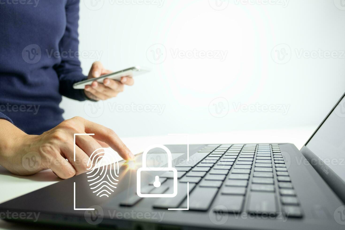 Verification of information with finger print by smart phone, Internet security, online financial transaction, 2-step verification, confirm transaction and identity. photo