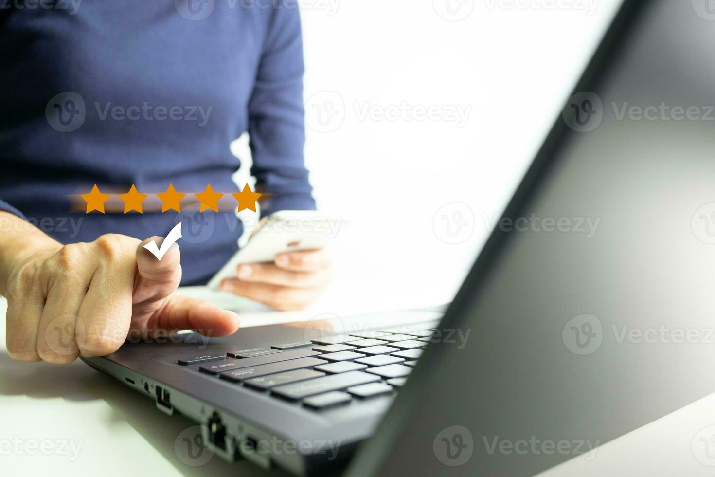 Businesswoman rate satisfaction 5 stars, Excellent quality assurance, certification the best service, guarantee standard company service. ISO certification, satisfaction of customer photo