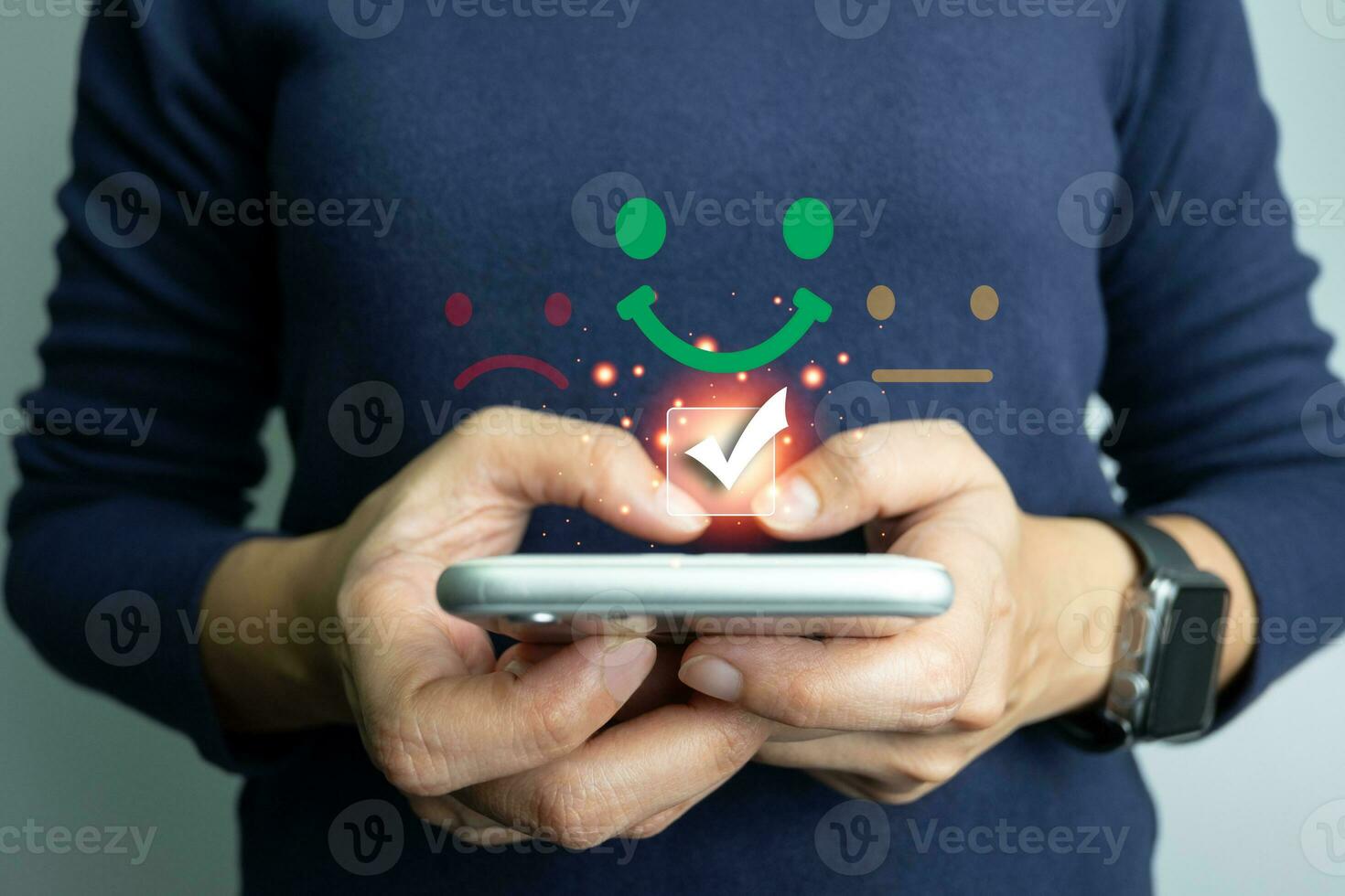 Concept of customer's satisfaction and service, businesswoman to express their opinions, answers and satisfied scores. photo