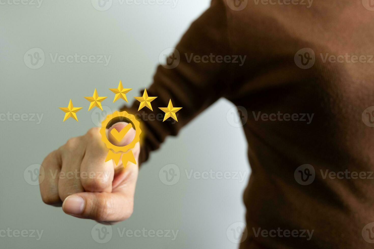Businesswoman showing the symbol of top service 5 star quality assurance, excellent warranty, world standard, ISO certification, development and improve the quality of the organization concept. photo