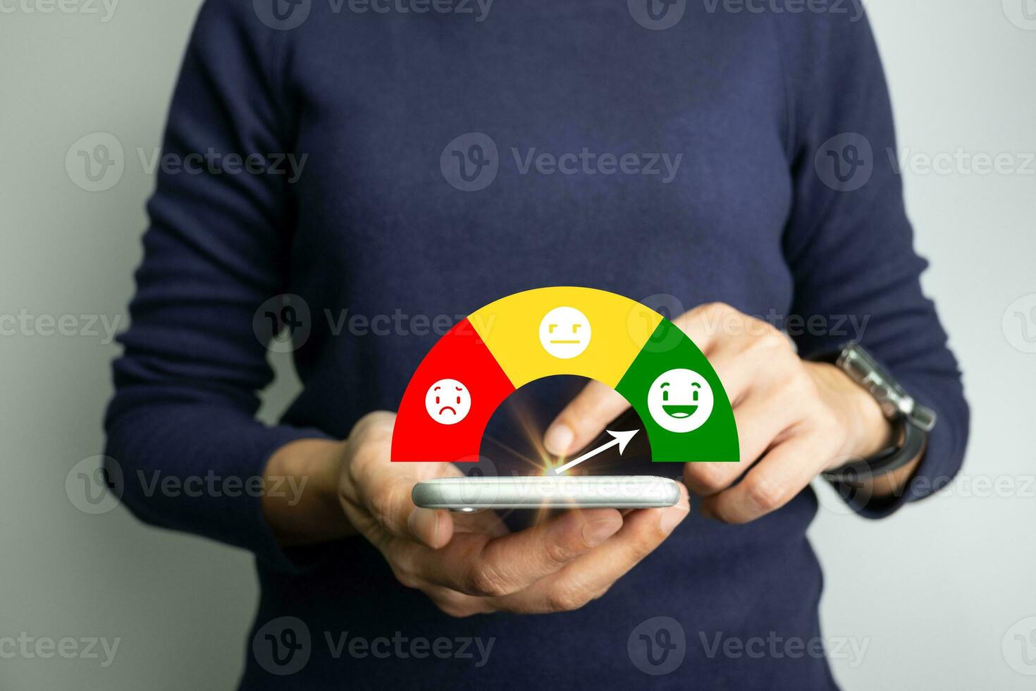 Customer satisfaction very good service with smart phone, impression of take care and attention, choose a smiley face icon, answer the survey, give the highest score, very happy feedback from guest. photo