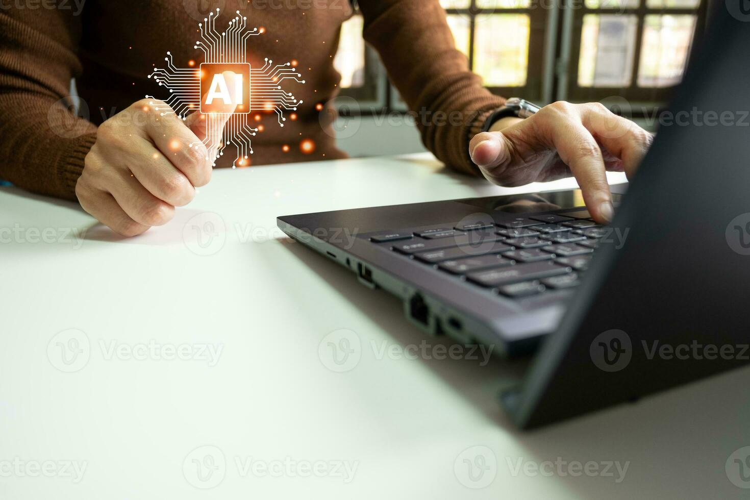 AI technology, Artificial Intelligence, Chatbot Chat and talk with AI, Using laptop for search and find data by command prompt, robot learning machine create or generate picture or article auto photo