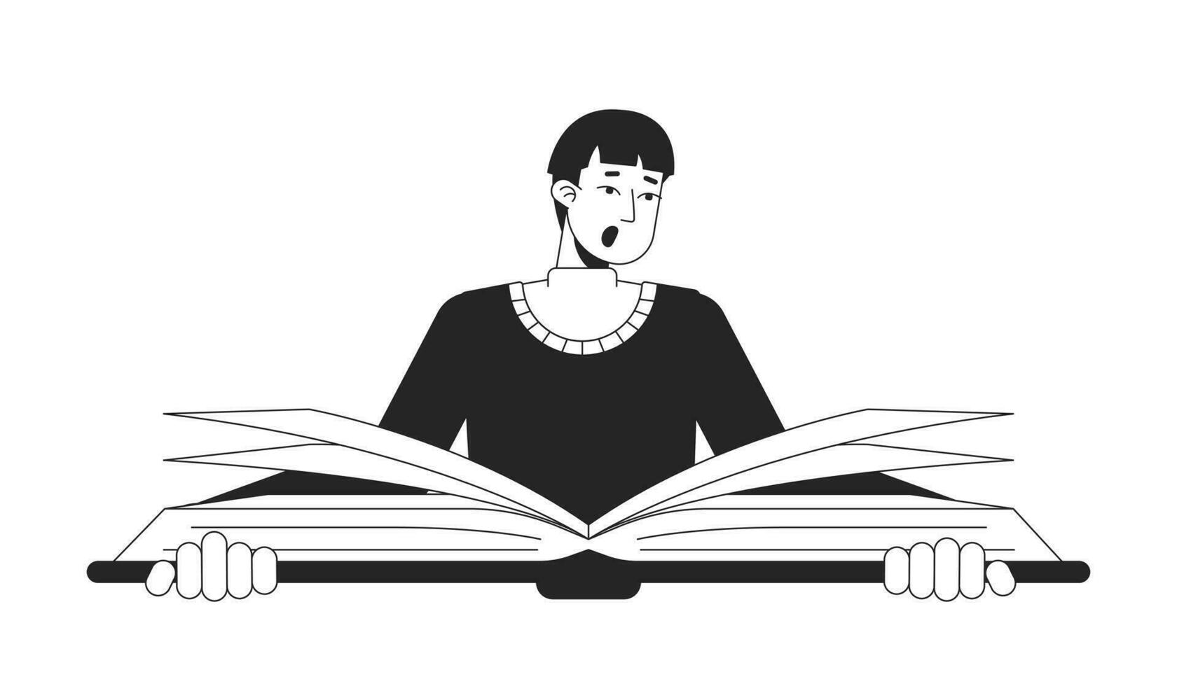 conmocionado asiático hombre leyendo grande libro plano línea negro blanco vector personaje. editable contorno medio cuerpo educación personaje en blanco. sencillo dibujos animados Mancha ilustración para web gráfico diseño