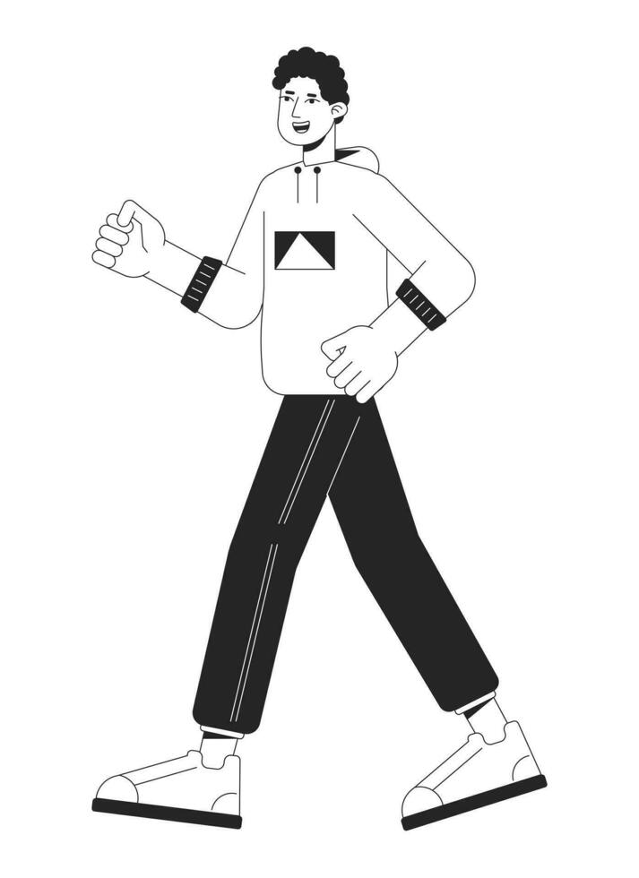 contento hombre caminando plano línea negro blanco vector personaje. editable contorno lleno cuerpo de activo persona. todos los días actividad sencillo dibujos animados aislado Mancha ilustración para web gráfico diseño