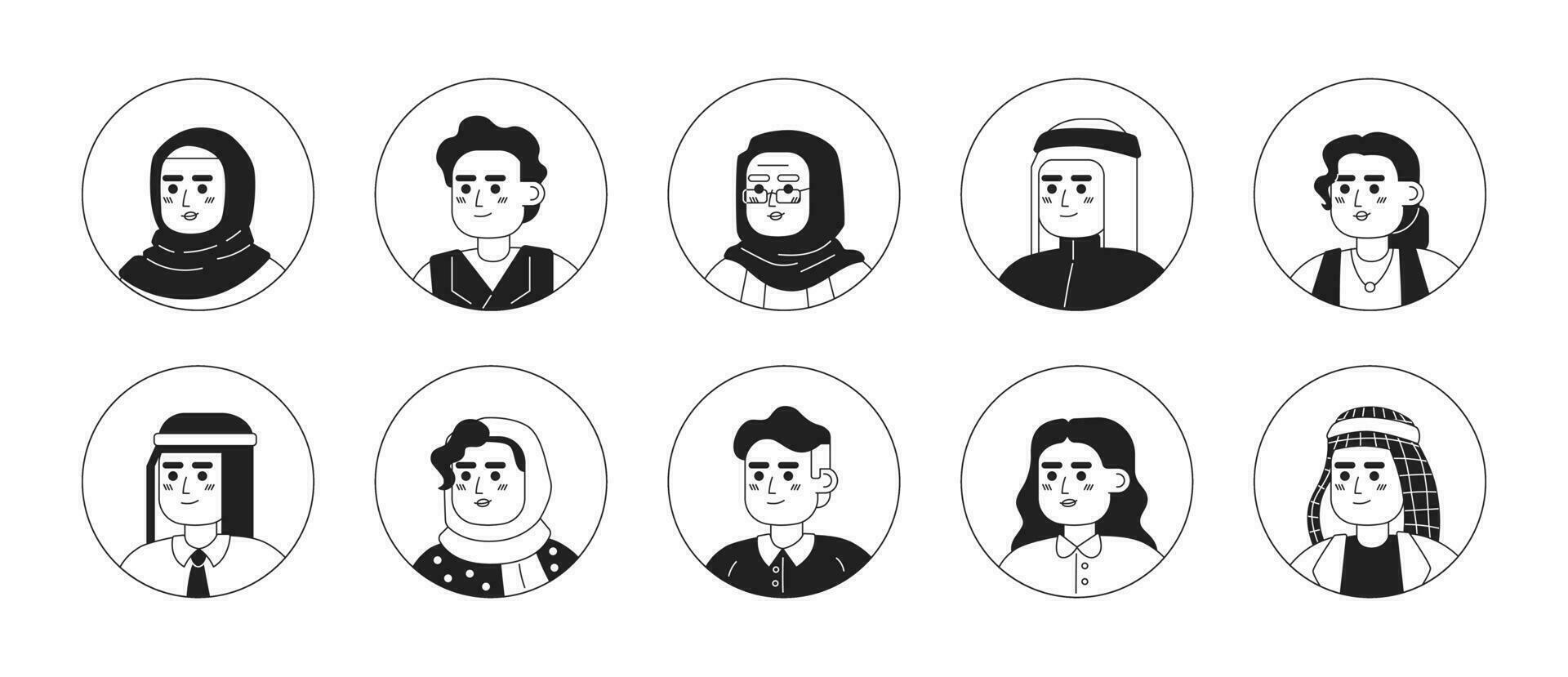 árabe multicultural personas monocromo plano lineal personaje cabezas colocar. musulmán gente. editable contorno personas iconos línea los usuarios caras. 2d dibujos animados Mancha vector avatar ilustración paquete para animación