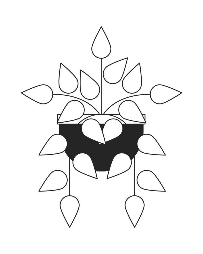 Decorative houseplant in pot flat monochrome isolated vector object. Small hanging pot with plant. Editable black and white line art drawing. Simple outline spot illustration for web graphic design