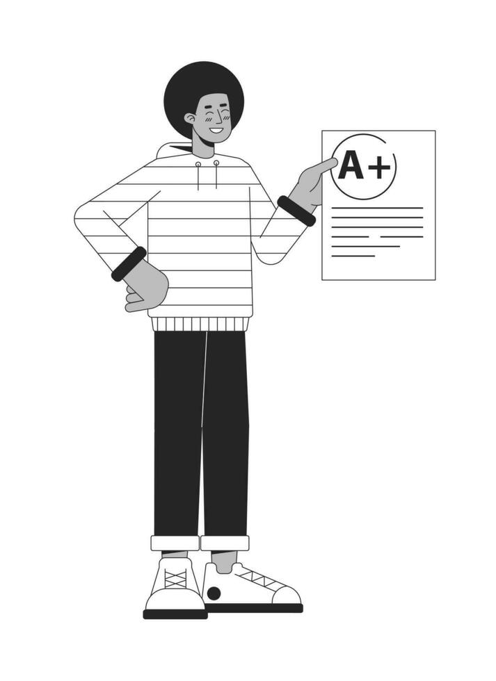 africano americano estudiante espectáculo blanco con marca plano línea negro blanco vector personaje. editable contorno lleno cuerpo educación personaje en blanco. sencillo dibujos animados Mancha ilustración para web gráfico diseño