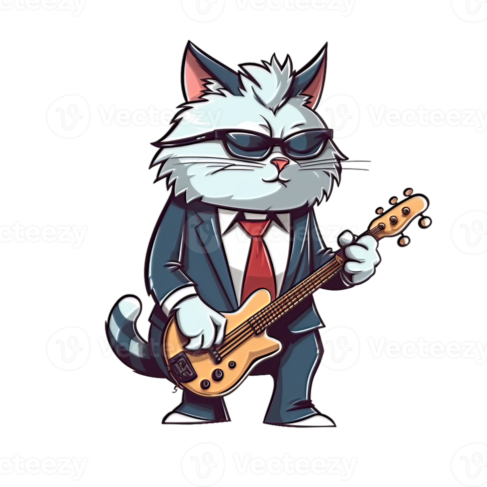 Jazzy Tuxedo Cat With Guitar In Hand Drawn Style png