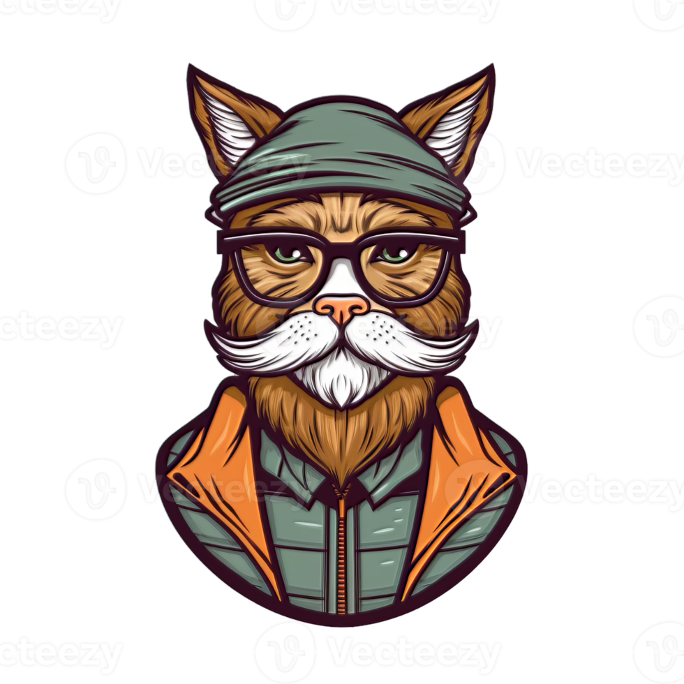 Hipster Mascot Old Cat Flat Hand Drawn Style png