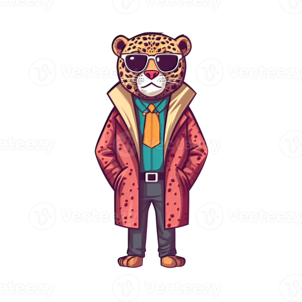 Hipster Leopard Full Body With Sunglasses and Jacket Standing Pose png
