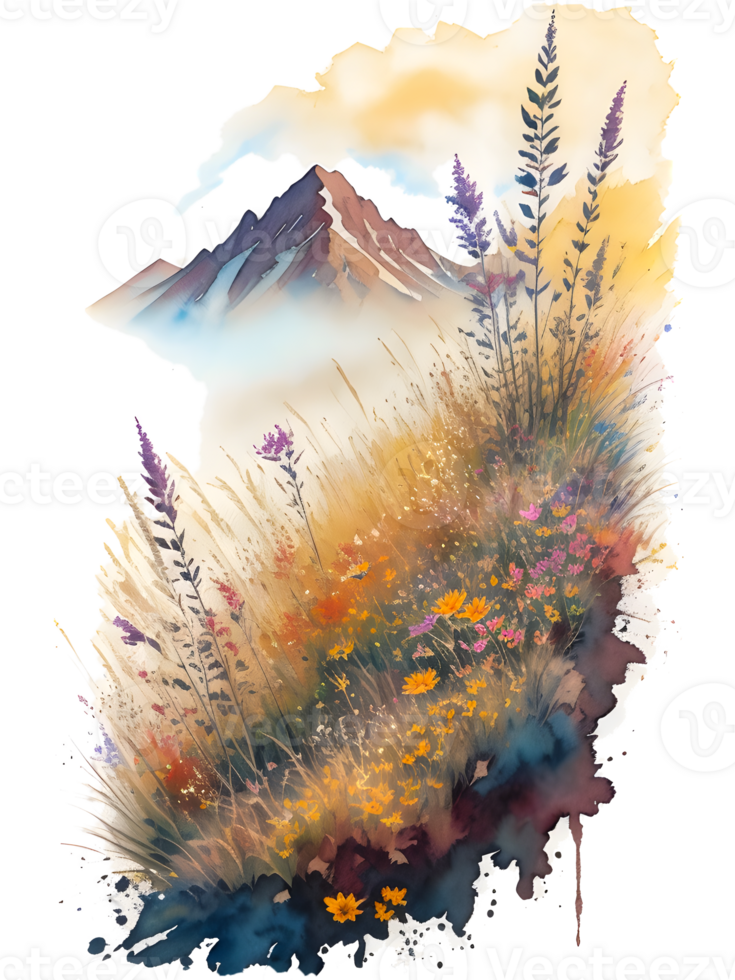 watercolor of rocky mountain and wild flowers, png